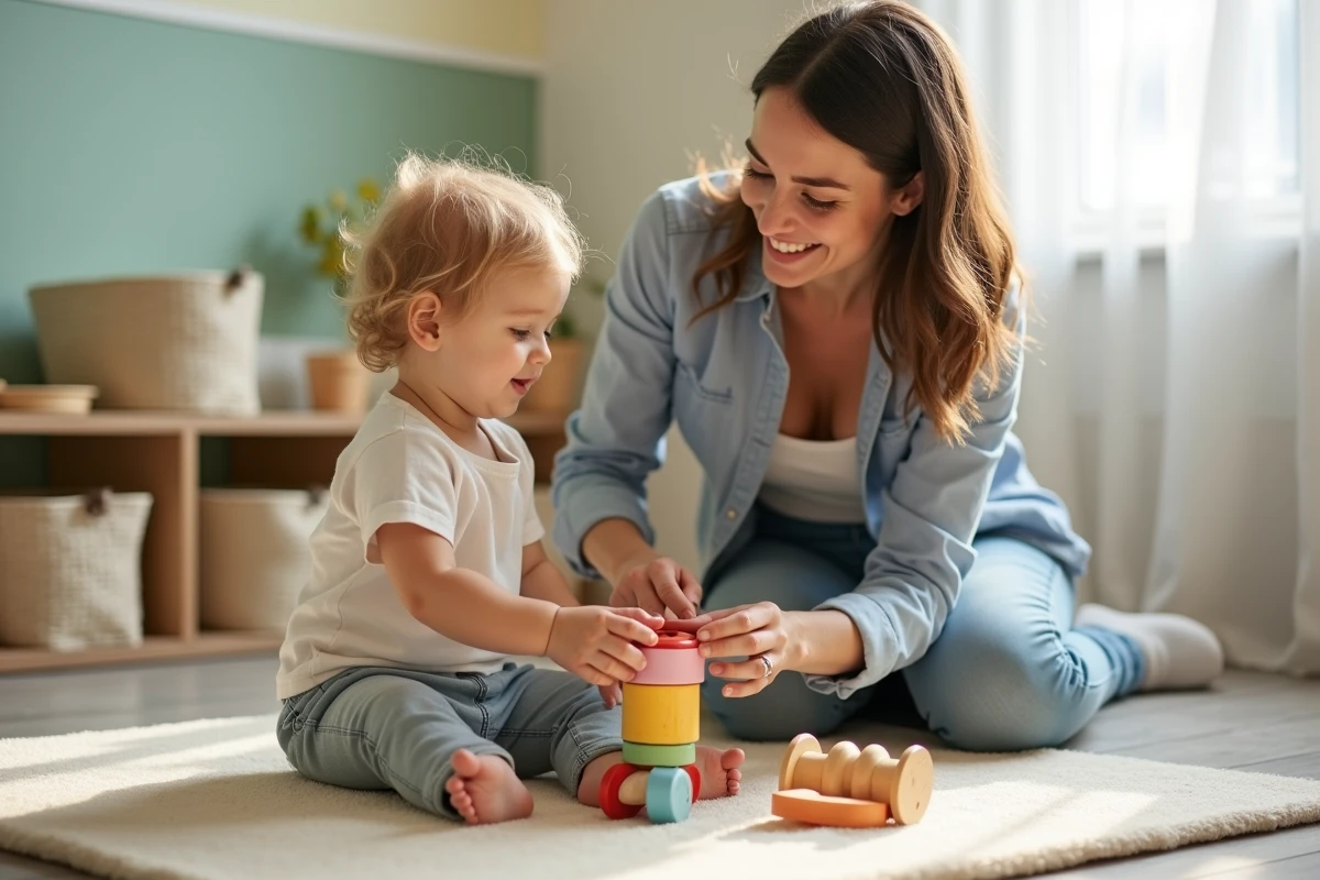 Nounou professionnelle jouant avec un enfant en bas âge sur un tapis d'éveil dans une salle de jeux