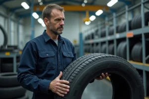 Ouvrier en usine inspectant un pneu neuf dans un atelier moderne