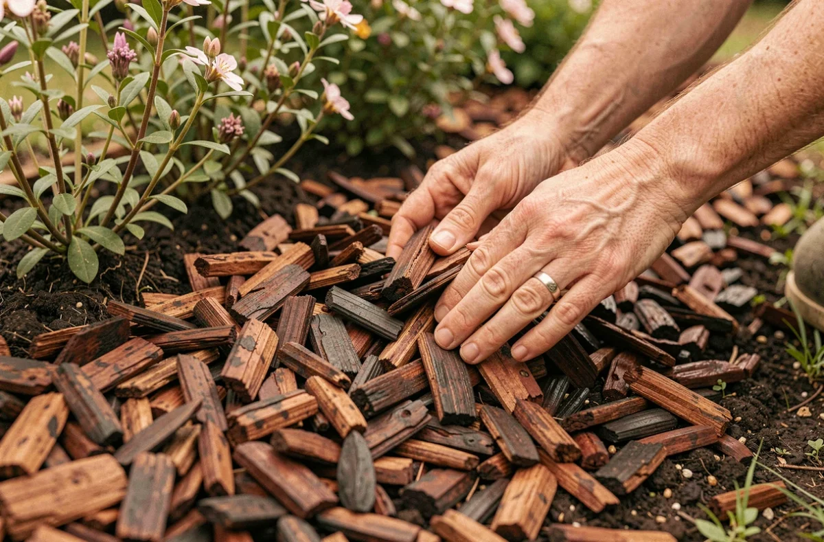 Mains d'un jardinier étalant du paillis de bois autour d'arbustes pour réduire l'arrosage et le désherbage