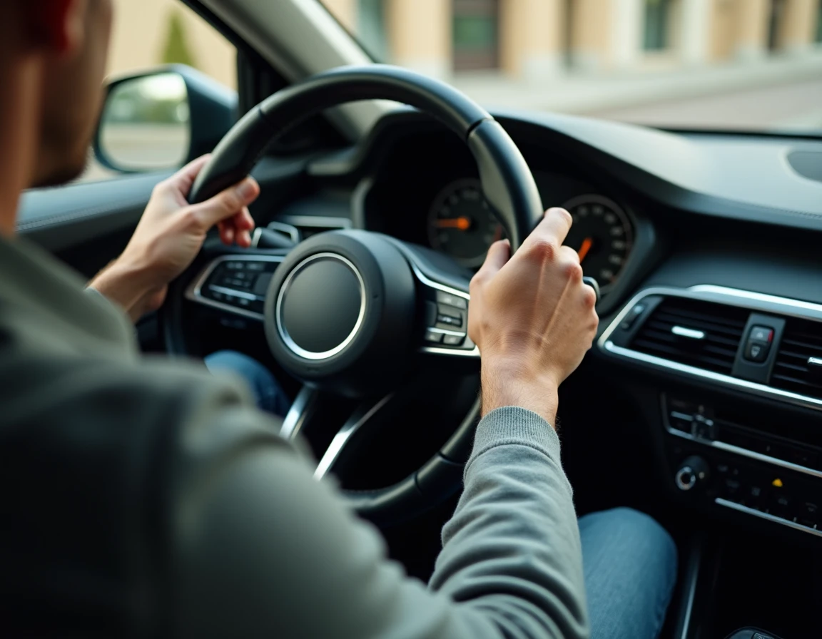Palettes de changement de vitesse semi-automatique sur le volant d'une voiture moderne en conduite urbaine