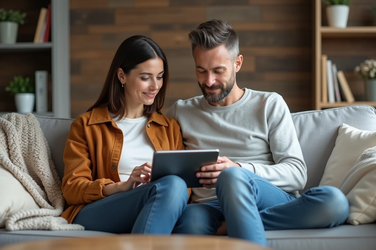 Couple de parents consultant des profils de nounous sur une tablette dans leur salon