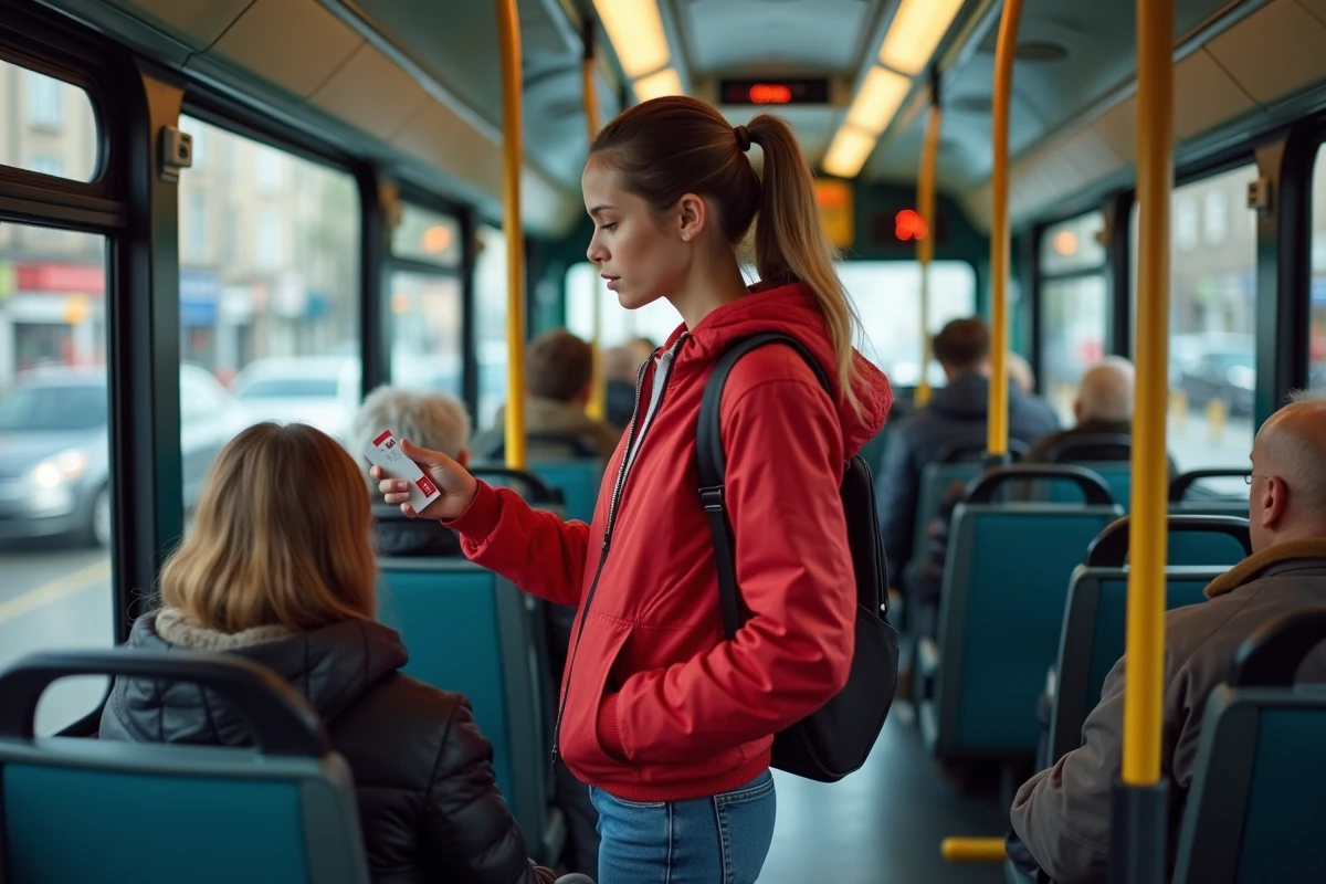 Jeune femme en veste rouge montant dans un bus moderne en ville