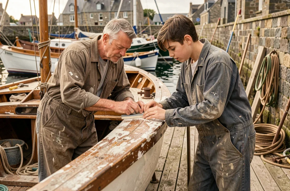 Père et fils réparant un voilier en bois dans un chantier naval breton au bord du port