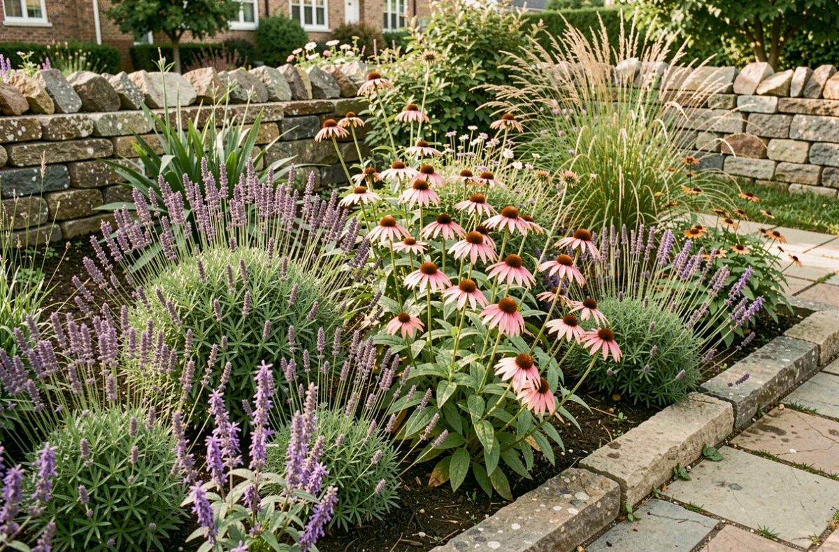 Massif de plantes vivaces adaptées au climat local dont lavande, salvia et échinacée en pleine floraison
