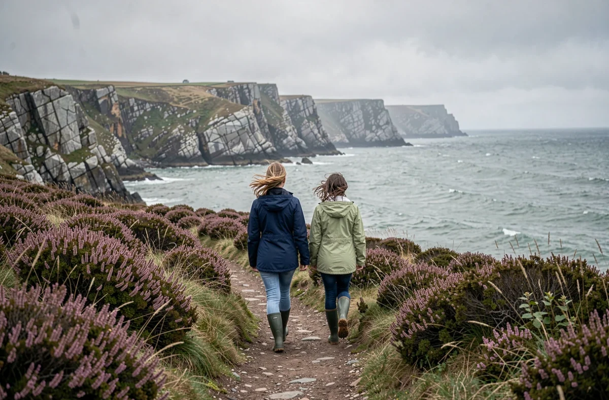 Mère et enfants se promenant sur un sentier côtier breton avec falaises de granit et végétation sauvage