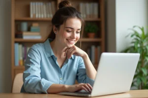 Jeune femme cherchant une nounou en ligne sur son ordinateur portable depuis son bureau à domicile