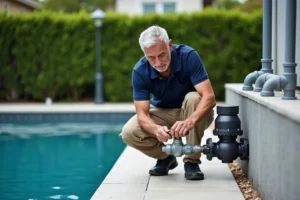 Homme réglant une vanne multivoie sur le local technique d'une piscine enterrée pour brancher la prise balai