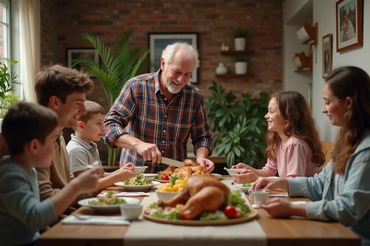 Famille nombreuse partageant un repas convivial à table
