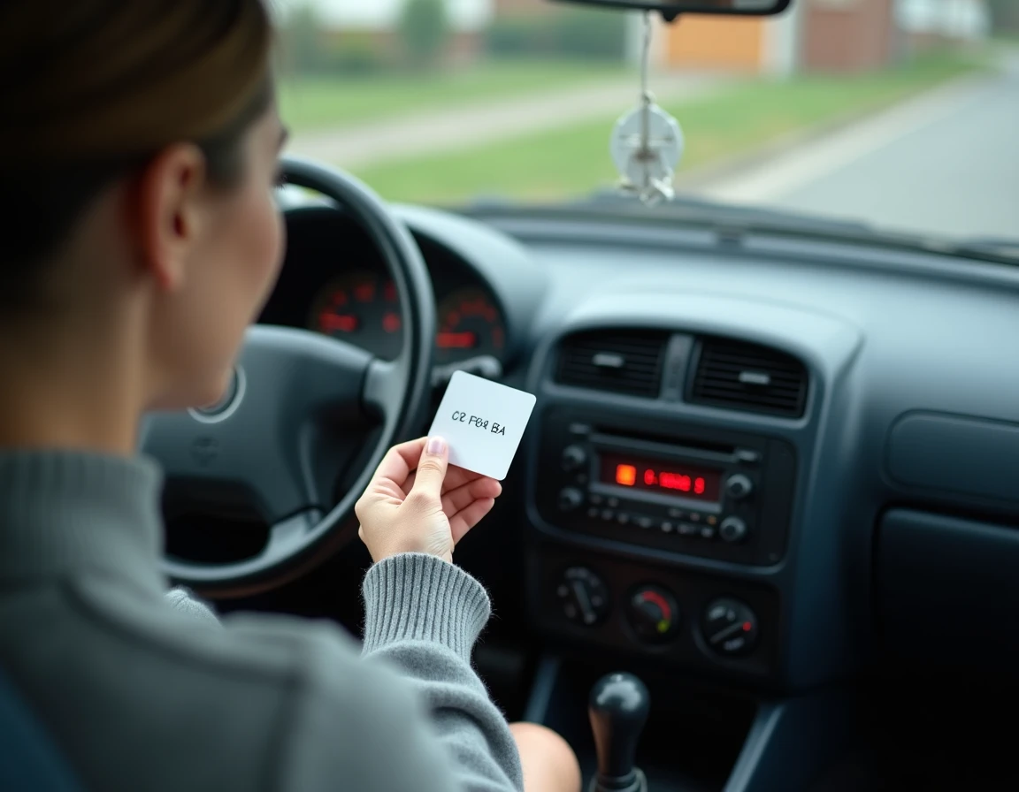 Femme tenant un code autoradio sur papier face à l'écran de saisie de code d'un autoradio Renault verrouillé