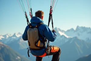 Pilote de parapente équipé d'une sellette Nervures avec protection dorsale, suspendu aux élévateurs face aux sommets alpins enneigés