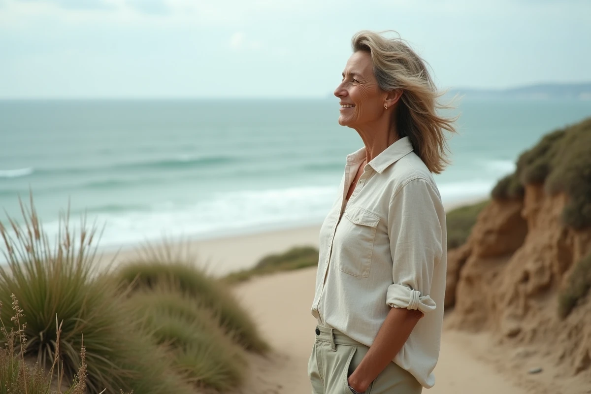 Femme se promenant sur un sentier côtier du Pays de Retz avec vue sur l'Atlantique