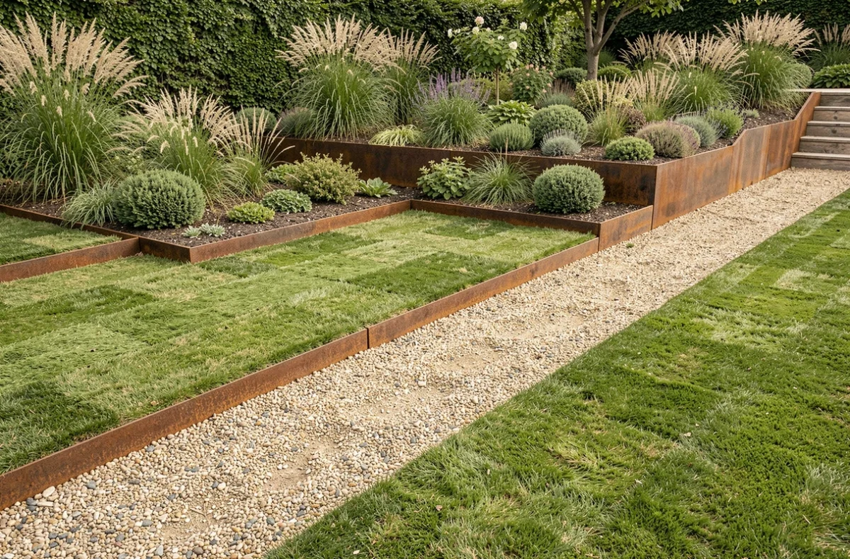 Jardin structuré avec des bordures en acier corten et des niveaux de sol créant des zones distinctes