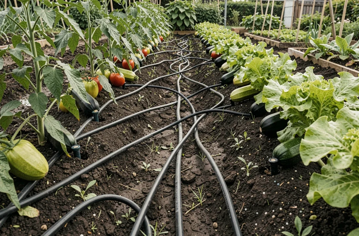 Système de goutte-à-goutte installé entre des rangées de légumes dans un potager bien organisé