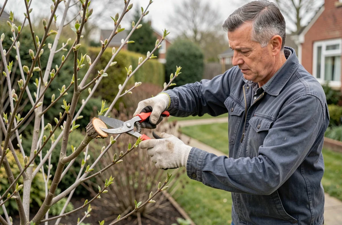Jardinier taillant un arbuste en fleurs avec un sécateur à la bonne période de taille