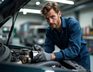 Technicien automobile examinant une boîte de vitesse semi-automatique dans un atelier mécanique professionnel