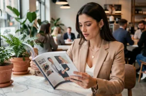 Femme élégante feuilletant un magazine de tendances dans un café moderne, illustrant les actualités incontournables de la semaine