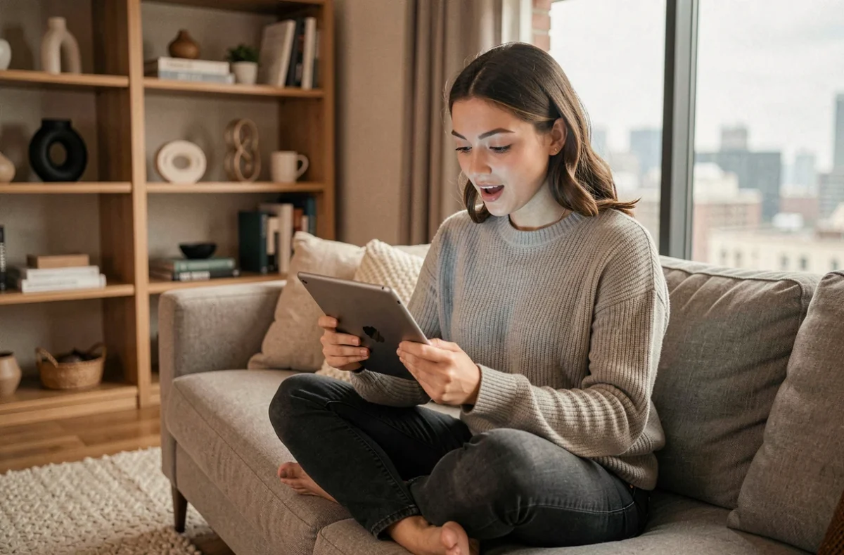 Jeune femme consultant les dernières tendances sur une tablette dans son salon, représentant la consommation d'actualités à domicile