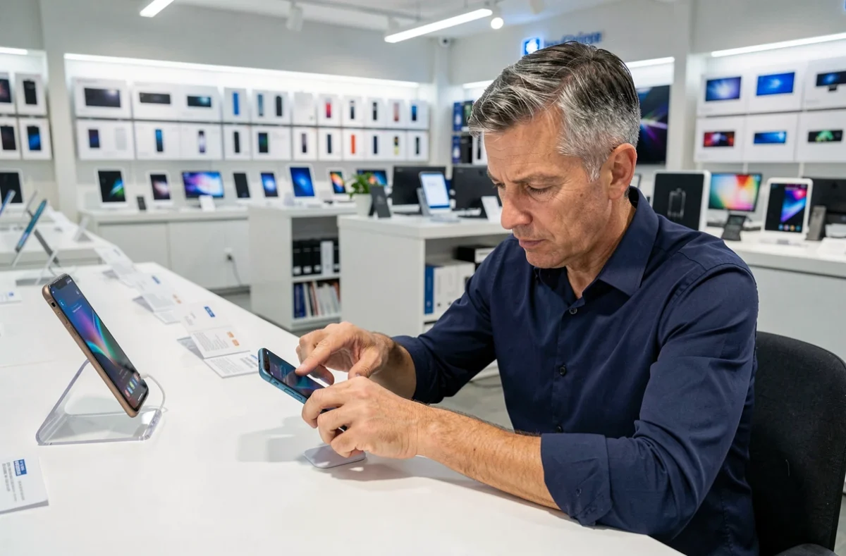 Homme testant un smartphone haut de gamme dans un magasin d'électronique pour en évaluer les performances