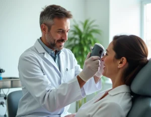 Praticien utilisant un dispositif laser auriculaire sur un patient dans le cadre du traitement MC77 contre les addictions