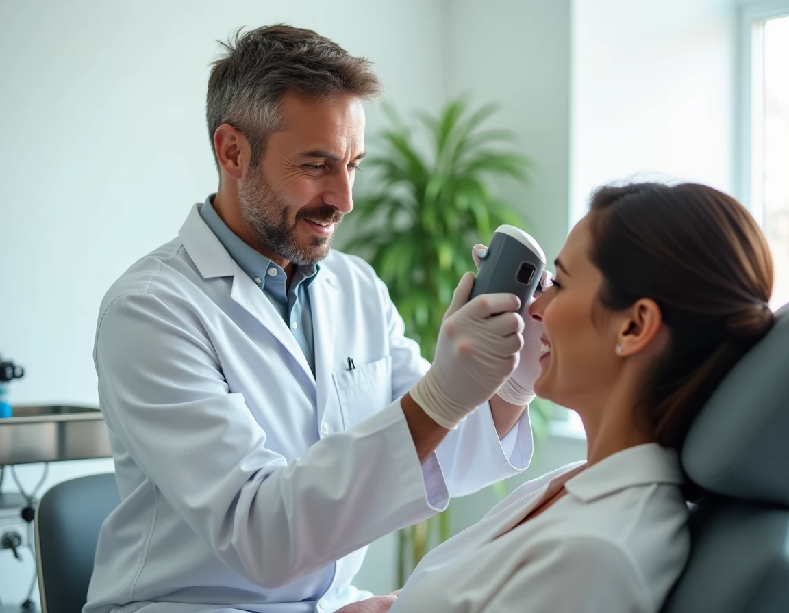 Praticien utilisant un dispositif laser auriculaire sur un patient dans le cadre du traitement MC77 contre les addictions