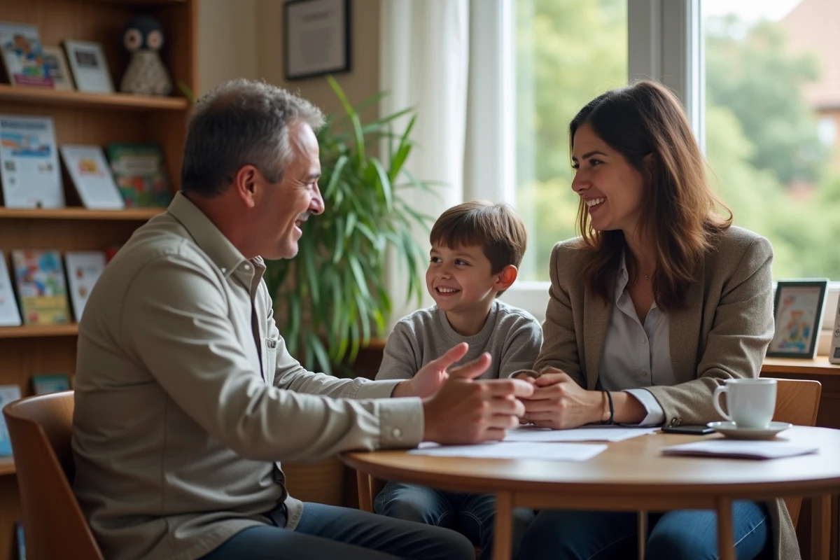 Travailleuse sociale avec famille dans un centre communautaire