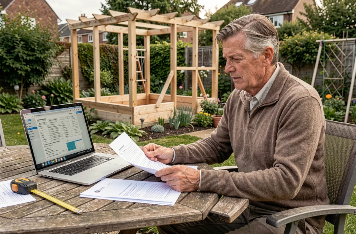 Propriétaire consultant la réglementation locale sur son ordinateur avant de réaliser des travaux importants dans son jardin