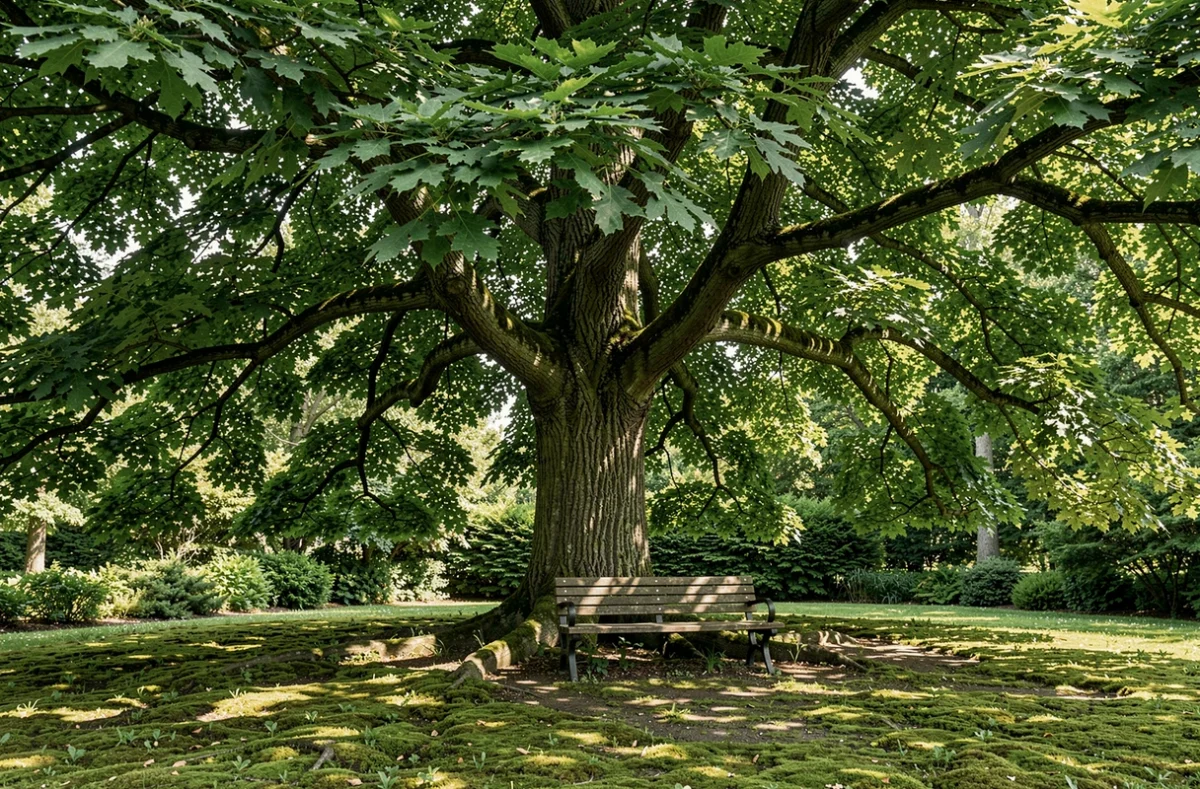 Zone d'ombre naturelle créée par un arbre à feuillage caduc au-dessus d'un coin détente dans un jardin